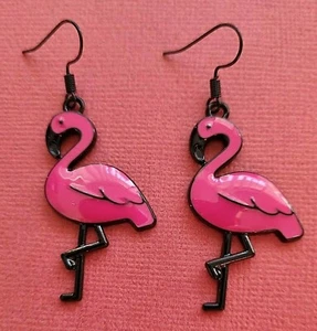 Flamingo Earrings bird cute drop dangle animal Hot Pink gift Tropical Enamel - Picture 1 of 5