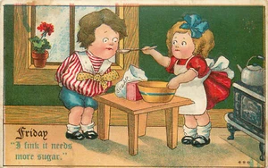 Embossed Postcard Children Doing Chores Days Of The Week Baking Friday 690 - Picture 1 of 2