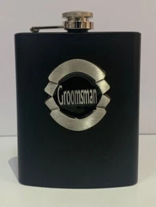 20199 GROOMSMAN BLACK 150ml HIP FLASK WITH SHIELD BADGE GIFT BOX - Picture 1 of 2