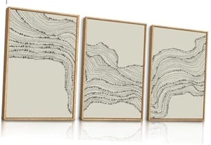 Neutral Abstract Framed Canvas Wall Art Set, Black Beige Wave Line Wall - Picture 1 of 8