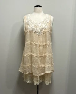 Pretty Angel Rosette Applique Linen Blend Lace Ruffle Mini Dress Tunic SZ L - Picture 1 of 12