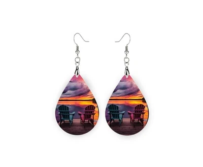 Pendientes colgantes de madera con estampado de lágrima con estampado de puesta de sol en muelle joyería Foto 1 de 4