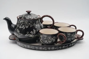 Temptations Floral Lace Black 6-Pc Tea Set, 1.5 Qt Teapot, 4 Cups & Serving Tray - Picture 1 of 13