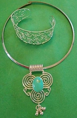  Silver Tone Turquoise Choker Collar Slide Triskelion Necklace and Bracelet Set - Image 1 of 4