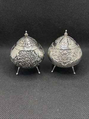 Ancienne Paire Salière Poivrière Saleron En Argent Massif 800 Ethnique - Photo 1/4