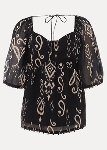 PHASE EIGHT Malaya Black Ikat Print Blouse Blouson Half Sleeve BNWT UK 12 - Picture 1 of 19