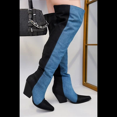 Iowa Denim 2 Tone Western Cowgirl Pull On Thigh High Boots - Image 1 of 4