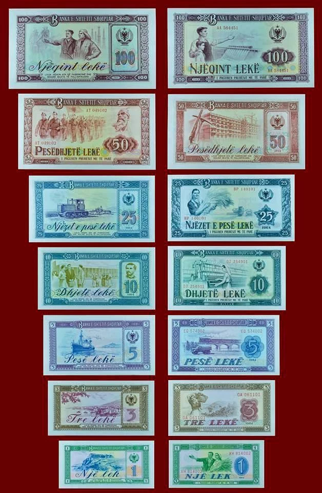Full Set Albania Paper Money 1964, Banknotes: 1, 3, 5, 10, 25, 50, 100 leke. UNC - Image 1 of 1