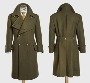 Army Green Wool Men's Long Overcoat Double Breasted Wide Lapel Outdoor Warm Coat