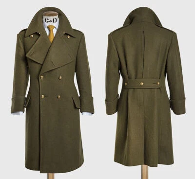 Army Green Wool Men's Long Overcoat Double Breasted Wide Lapel Outdoor Warm Coat - Image 1 of 4