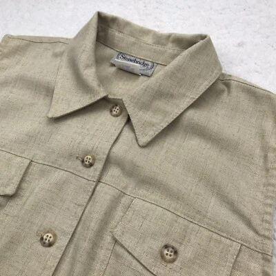 Camisa feminina vintage Stonebridge sem mangas botão M/L bronzeada MISTURA DE LINHO FEITA NOS EUA - Imagem 1 de 4