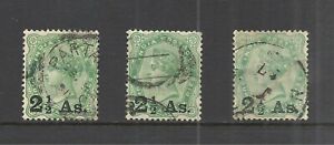 INDIA SCOTT 47 USED x 3 - 1891 2.5a on 4a6p GREEN ISSUE - QUEEN VICTORIA
