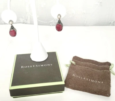 Ross-Simons SS Black Rhodium Oval Pink Ruby Drop Pierced Earrings Faux Pearl - Image 1 of 4