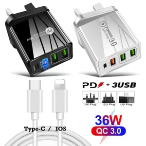 For iPhone 15 Pro 14 13 11 XS 8 36W USB PD Fast Wall Charger Power Adapter Cable - Picture 1 of 21