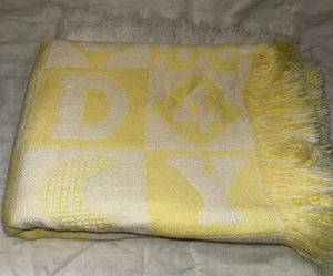 Yellow White Open Weave Acrylic Baby Blanket Numbers Letters Rattle Toys EUC - Picture 1 of 8