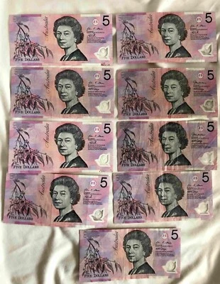 Australia  5 Dollars ( 9 Notes ) VF to VG Polymer Queen Elizabeth - Image 1 of 2