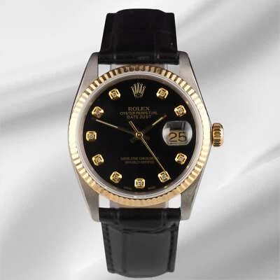 Rolex Datejust 36mm Yellow Gold Fluted Black Diamond Dial Leather Band Watch - Image 1 of 4