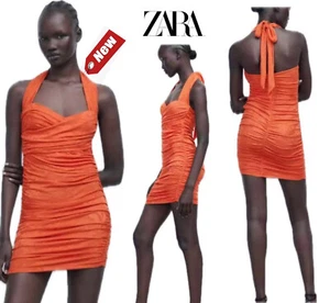 Zara Womens Dress Ruched Halter Neck Jacquard Bodycon Mini Orange L NWT - Picture 1 of 13