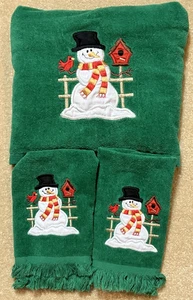 Cecil Saydah Towel Set of 3 Bath Hand Christmas Winter Decor Green Vintage - Picture 1 of 10