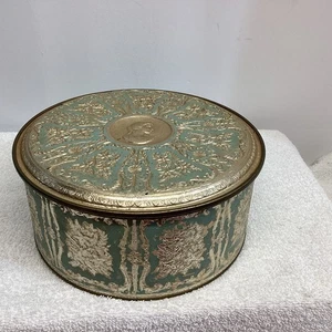 Contenedor de hojalata vintage grande redondo de Guildcraft Nueva York EE. UU. caja de costura dorada 10" - Imagen 1 de 4