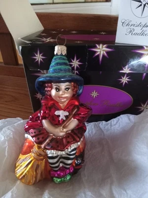 CHRISTOPHER RADKO BLOWN GLASS HALLOWEEN "SIT A SPELL" WITCH & PUMPKIN ORNAMENT - Image 1 of 4