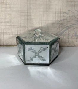 Beveled Glass Mirror Trinket Jewelry Box Hexagon Floral Etched & Velvet Lined 5" - Picture 1 of 13