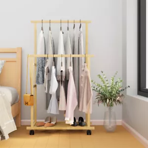 Kleiderständer mit Rollen Kleiderstange Garderobenständer Garderobe Bambus Retro - Bild 1 von 12