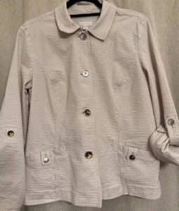 Women’s Charter Club XL Tan And White Searsucker Jacket Silvertone Buttons - Picture 1 of 6
