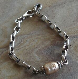 Rare Alana Leigh Sterling Silver Pearl Elongated Oval Chain Bracelet 7 1/2"
