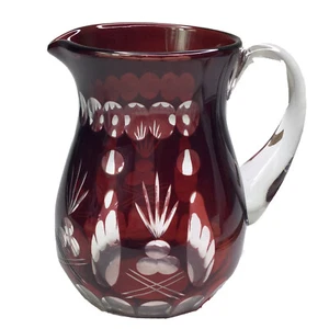 Vintage Bohemian Crystal Pitcher Ruby Red Cut to Clear Thick Glass Jug - Picture 1 of 8