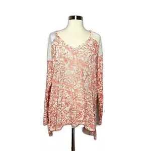 Bethany Mota Sweater Women L Pink Cream Floral Print HiLo Hem V-Neck Long Sleeve - Picture 1 of 5