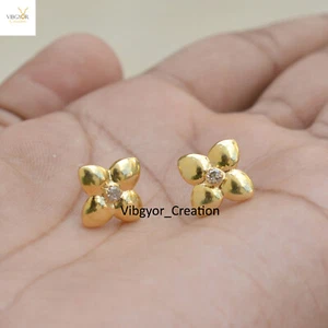 Pave Diamond Studs 925 Sterling Silver Gold Vermeil Flower Earrings Gift For Her - Picture 1 of 4