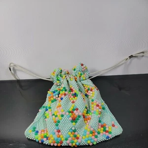 Vintage 1960 bunte Retro mehrfarbige Perlen Krawatte Handtasche 10"×10" - Bild 1 von 8