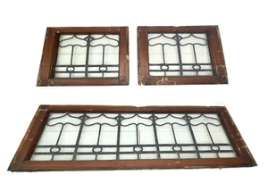 Leaded Glass Windows Antique Transom set Oak American Arts & Crafts (3 pcs) - Picture 1 of 16