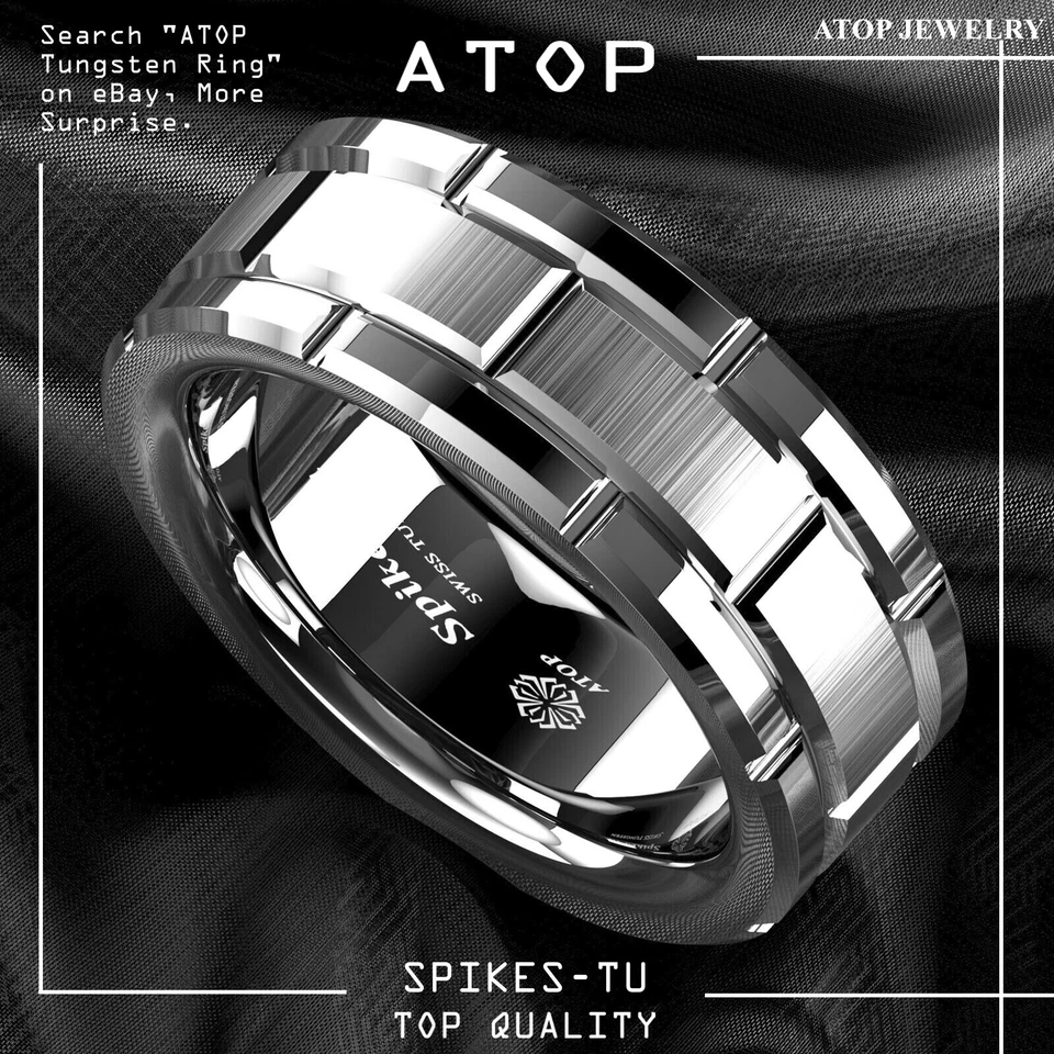 8mm Men's Tungsten Carbide Ring Silver Wedding Band Brick Pattern Size 6-13 ATOP - Image 1 of 4