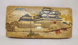 Bolso sin asas turístico de cuero pintado japonés Art Deco años 20 de colección montura Fuji - Imagen 1 de 20