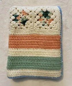 Hand Crochet Granny Square Afghan Lap Blanket Floral Striped Chair Throw 37x24 - Picture 1 of 15