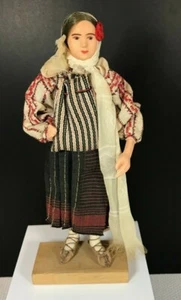 Vintage Romania Woman with Bag and Scarf Doll Figurine on Wood Base - Picture 1 of 9
