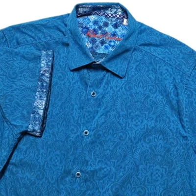 Robert Graham Mens XL Shirt S/S Blue Demask Geometric Paisley Floral Flip Cuff - Image 1 of 4
