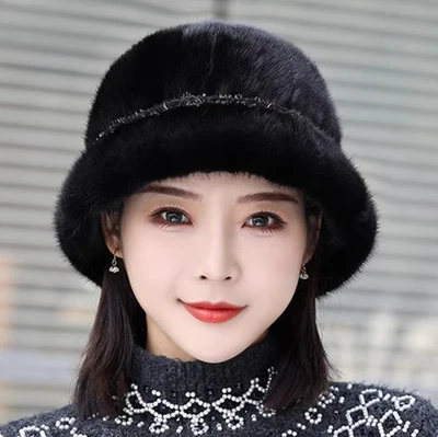 Women's Real Mink Fur Hat Bucket Hat Top Hat Bowler Hat Winter Warm Outdoor Cap - Image 1 of 4