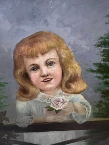 antikes Volkskunst Ölgemälde viktorianisch Trauer kleines Mädchen blonde Haare gerahmt - Bild 1 von 17
