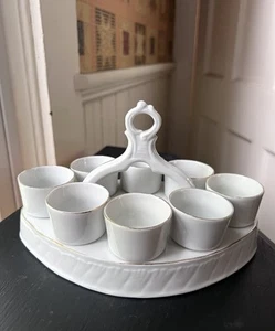 VTG Antique Egg Cup Holder Set With Handled Stand White Porcelain Marked 8.5" - Picture 1 of 17