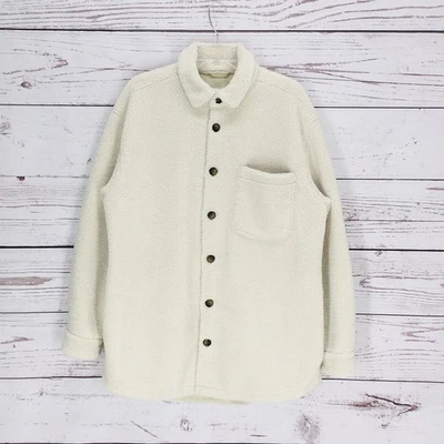 Zara Men's Sherpa Collared Shacket Overshirt Buttoned Size L/XL Ivory Pockets - Image 1 of 4