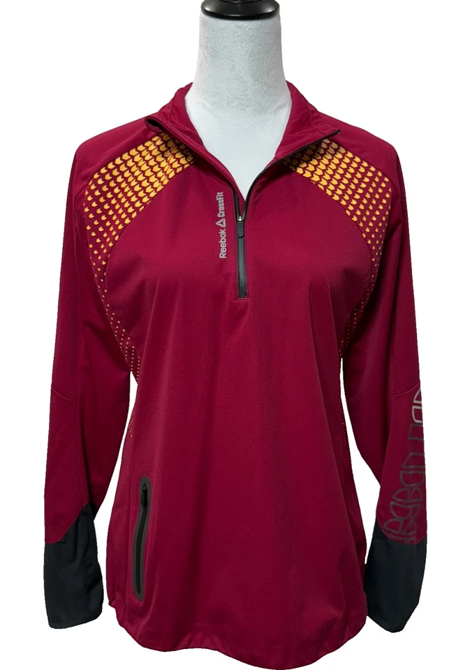 Top Reebok Crossfit Mujer Mediano Rojo Amarillo 1/4 Cremallera Pullover Ropa Activa Camisa Foto 1 de 4