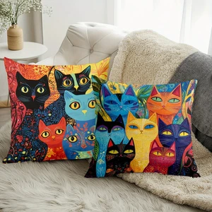 Adorable Cat Abstract Pillow Covers 18"x18" inch 4 PC SET Home Decor Cats Boho - Picture 1 of 6