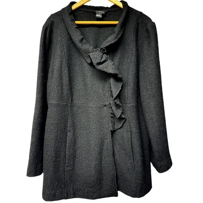 Sandro 100% Wool Size XL Black Ruffle Cardigan Sweater Jacket Boiled Wool - Image 1 of 4