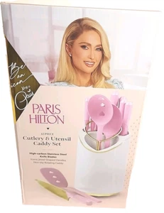 Paris Hilton Knife Kitchen Utensil Set with Caddy 12 Piece Pink & White (T136) - Picture 1 of 14