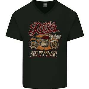 Just Wanna Ride Cafe Racer Motorrad Biker Herren T-Shirt V-Ausschnitt Baumwolle - Bild 1 von 3