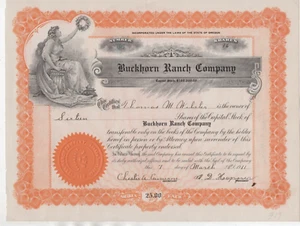 Certificado de acciones 1911 para 16 acciones en la Buckhorn Ranch Company de Oregon - Imagen 1 de 2