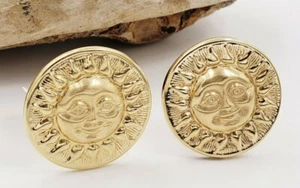14Kt Yellow Gold Sun Face Clip Round Earrings -Omega Clip - Picture 1 of 12